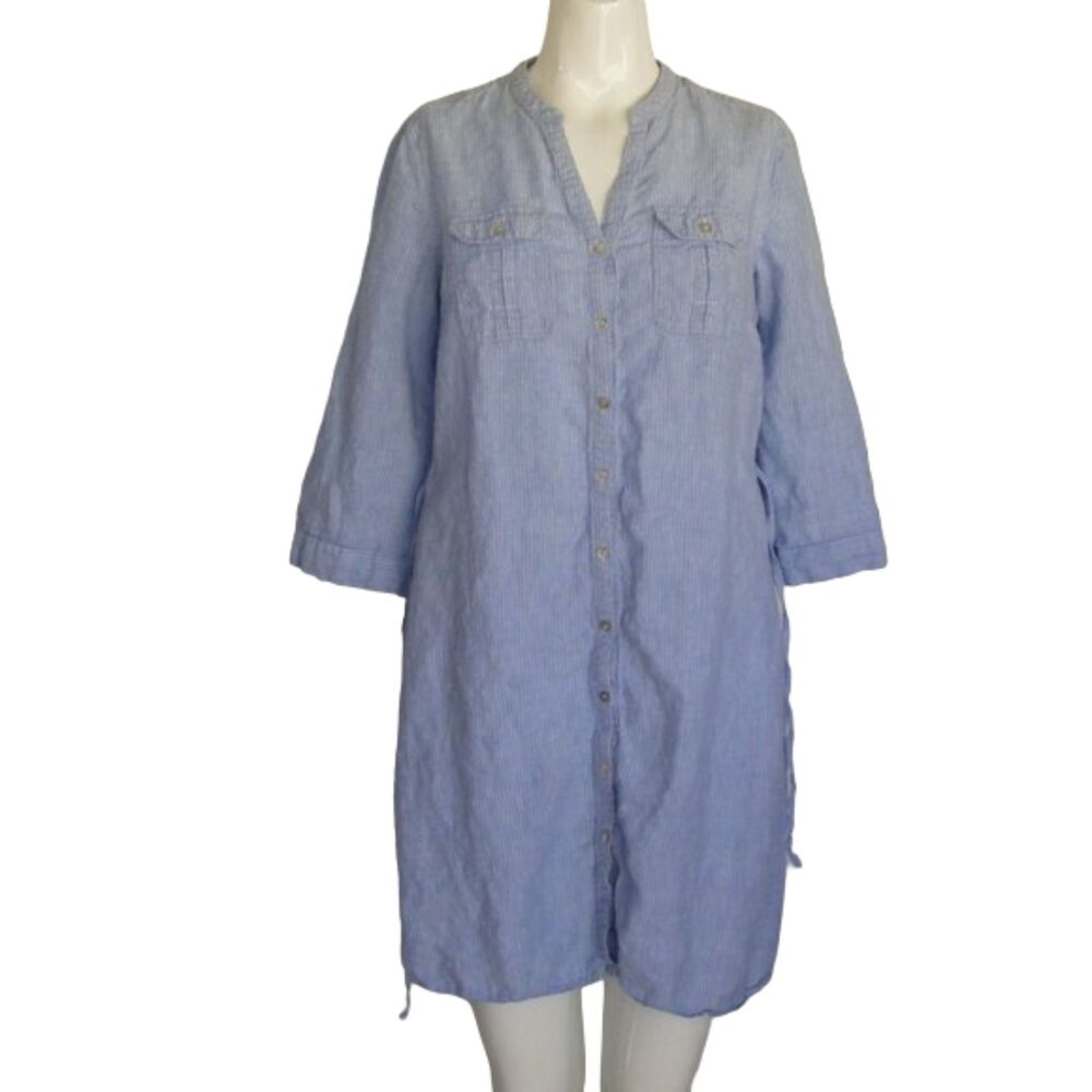 MALVIN Linen Dress, M, Blue, thin white stripe, Mini, Pockets, Sash belt - Picture 10 of 14